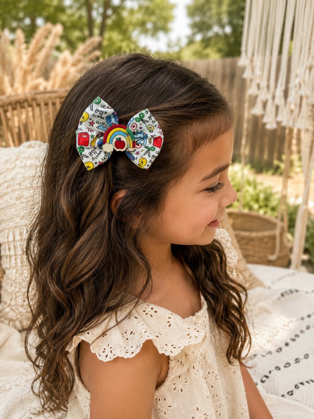 Back to school rainbow apple hair bow set for kids, view 4