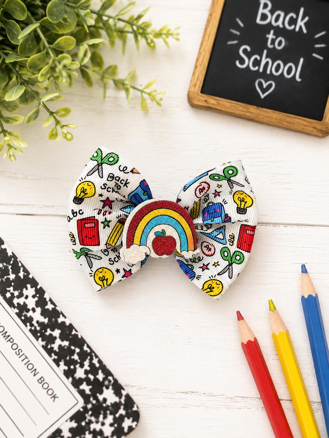 Back to school rainbow apple hair bow set for kids, view 5