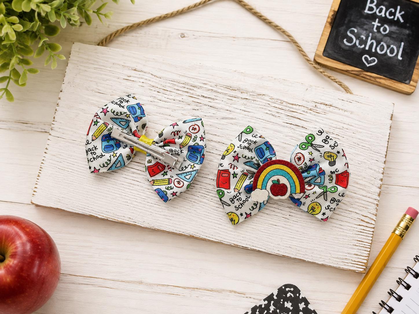Back to school rainbow apple hair bow set for kids, view 6