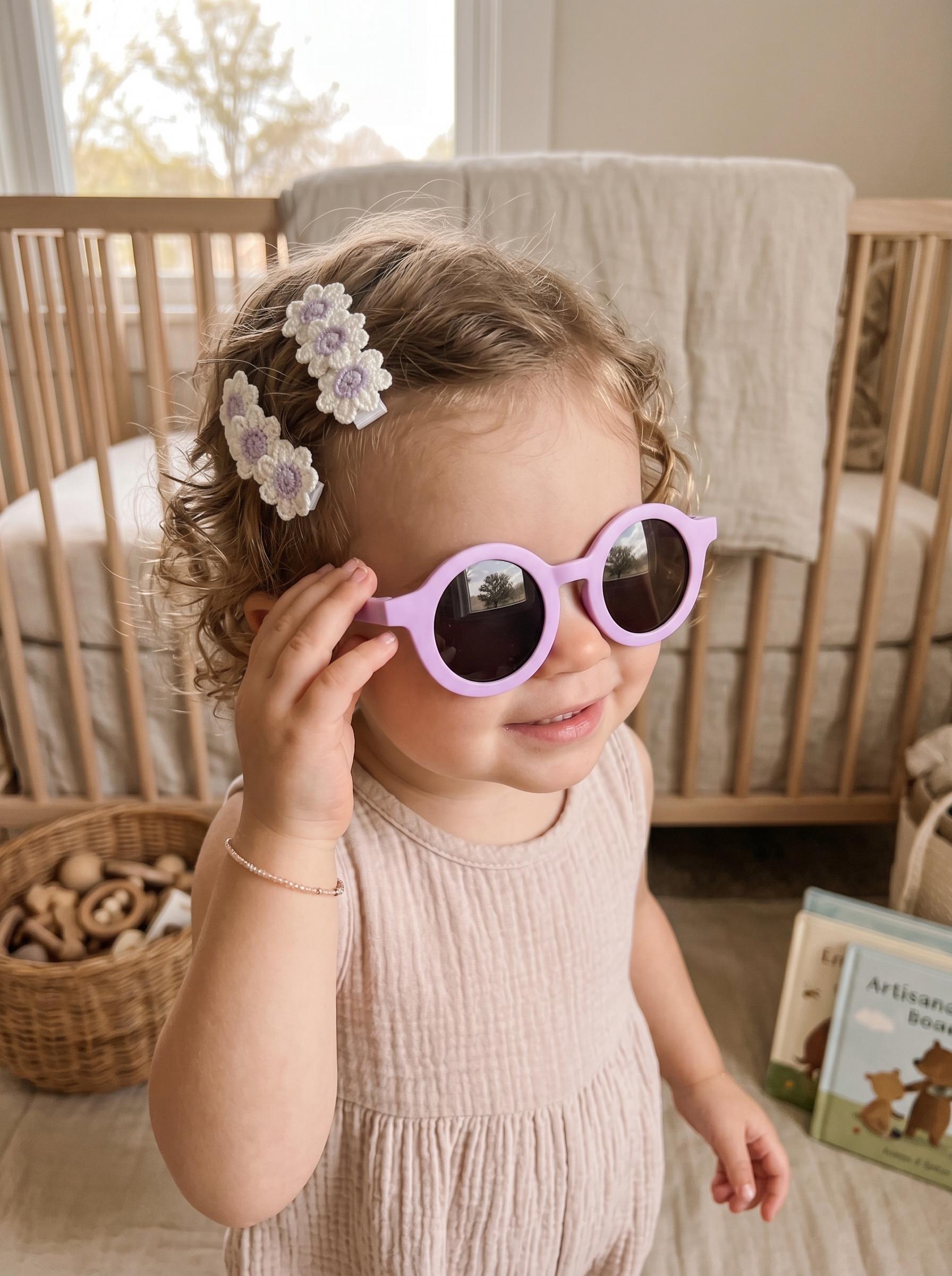 Boho Lavender Round Toddler Sunnies And Handmade Knit Flower Daisies Clips Summer Gift Set