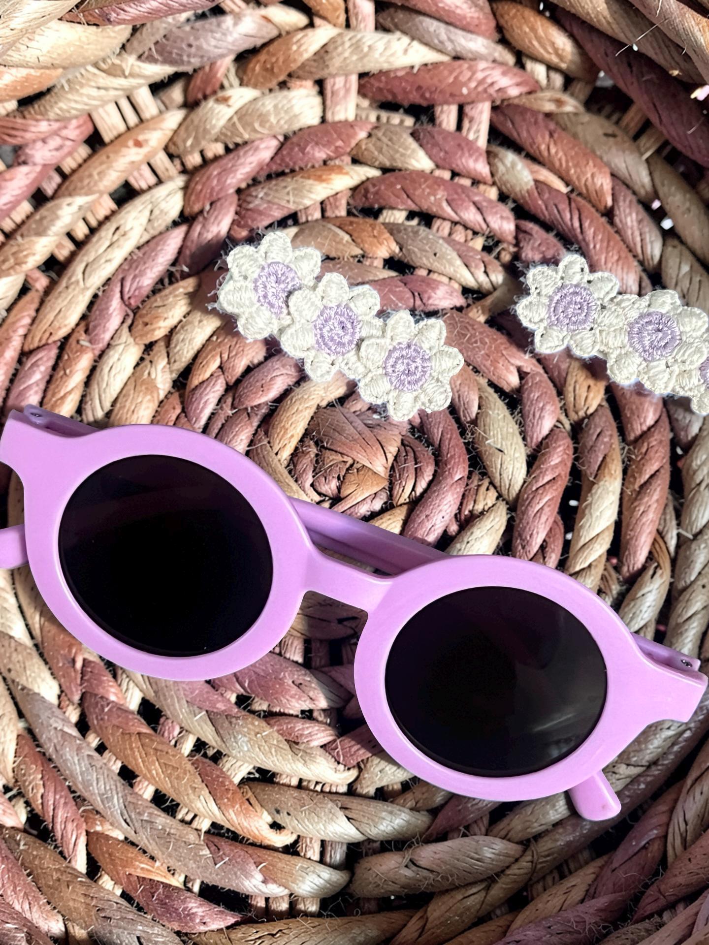 Boho Lavender Round Toddler Sunnies And Handmade Knit Flower Daisies Clips Summer Gift Set, view 2