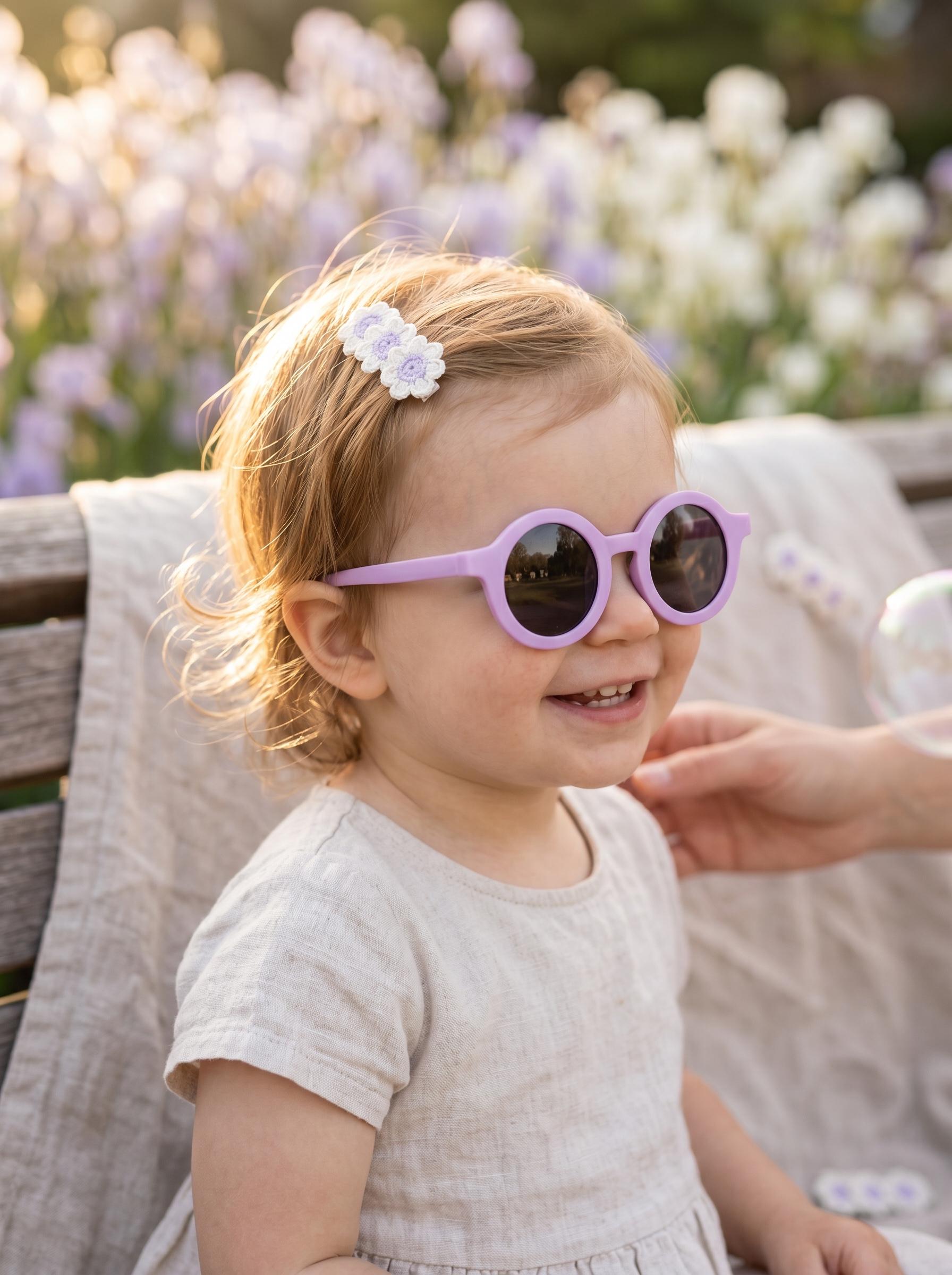 Boho Lavender Round Toddler Sunnies And Handmade Knit Flower Daisies Clips Summer Gift Set, view 3