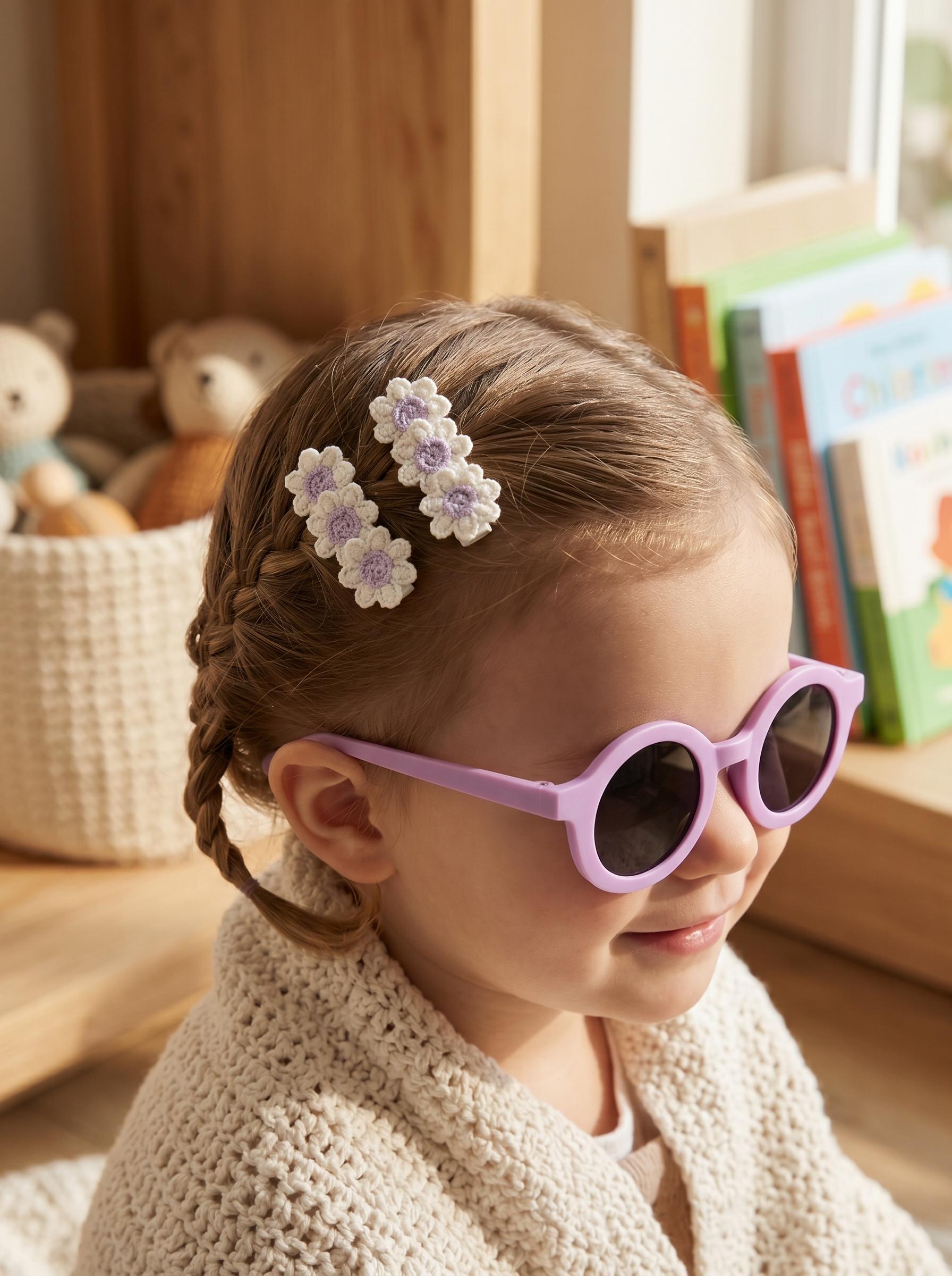 Boho Lavender Round Toddler Sunnies And Handmade Knit Flower Daisies Clips Summer Gift Set, view 5