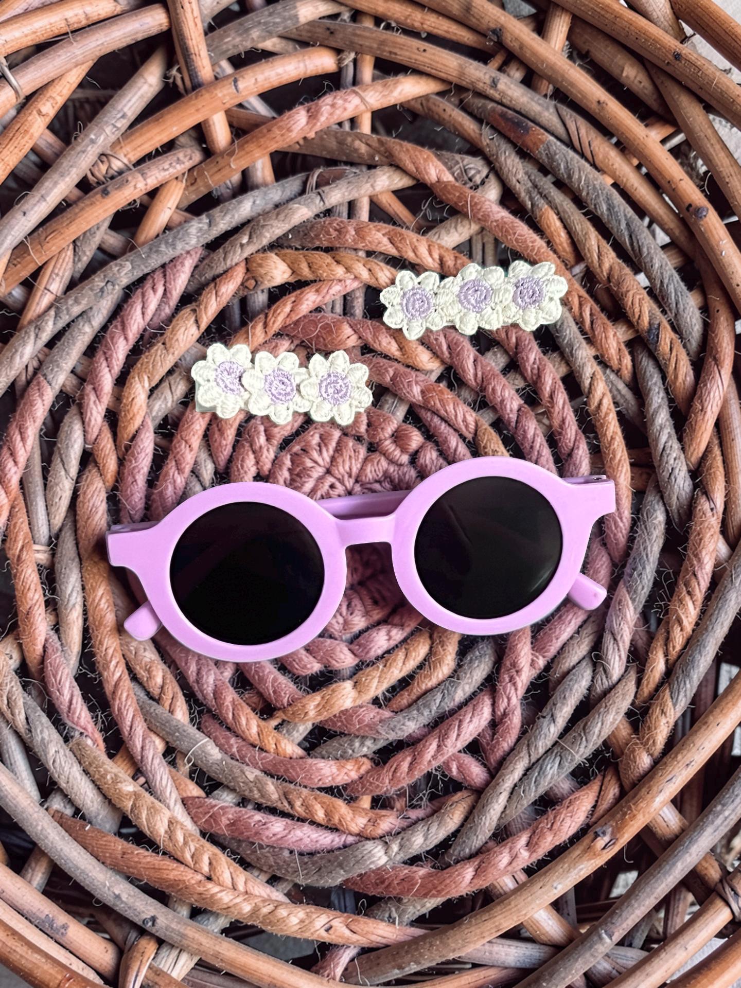 Boho Lavender Round Toddler Sunnies And Handmade Knit Flower Daisies Clips Summer Gift Set, view 6