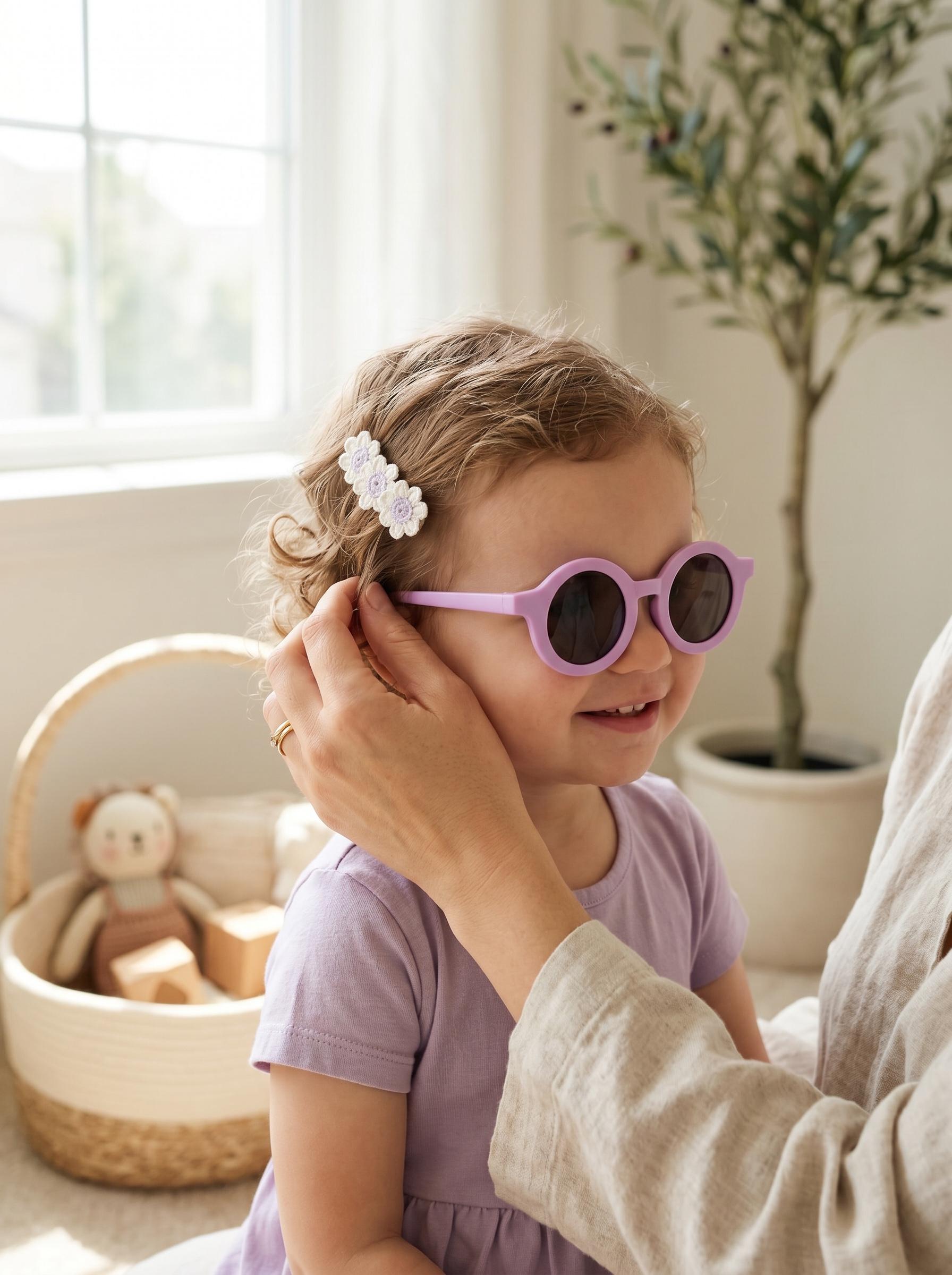 Boho Lavender Round Toddler Sunnies And Handmade Knit Flower Daisies Clips Summer Gift Set, view 7
