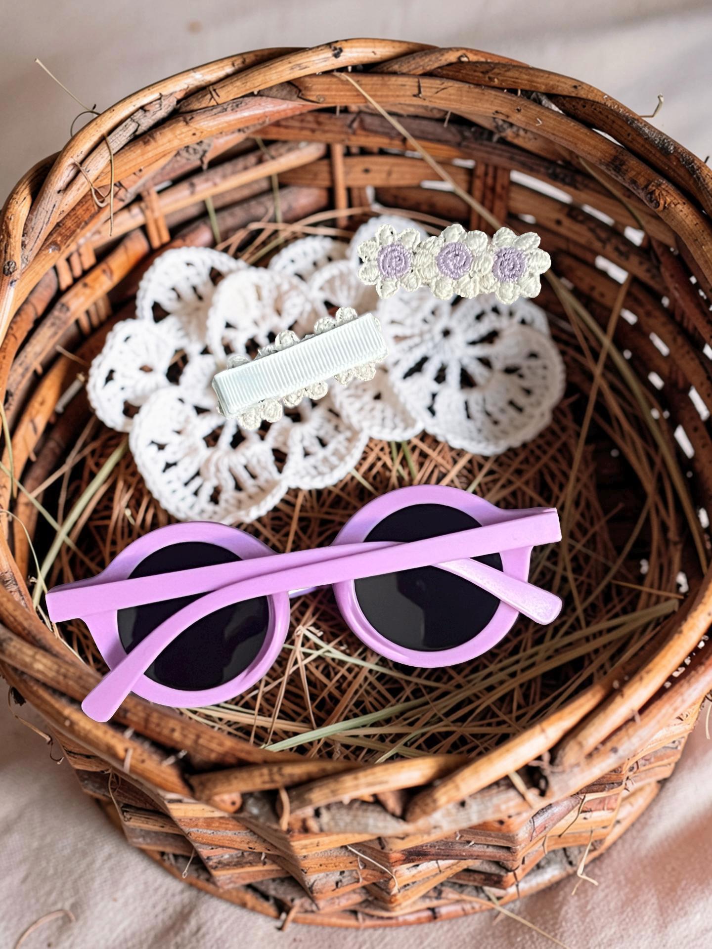 Boho Lavender Round Toddler Sunnies And Handmade Knit Flower Daisies Clips Summer Gift Set, view 8