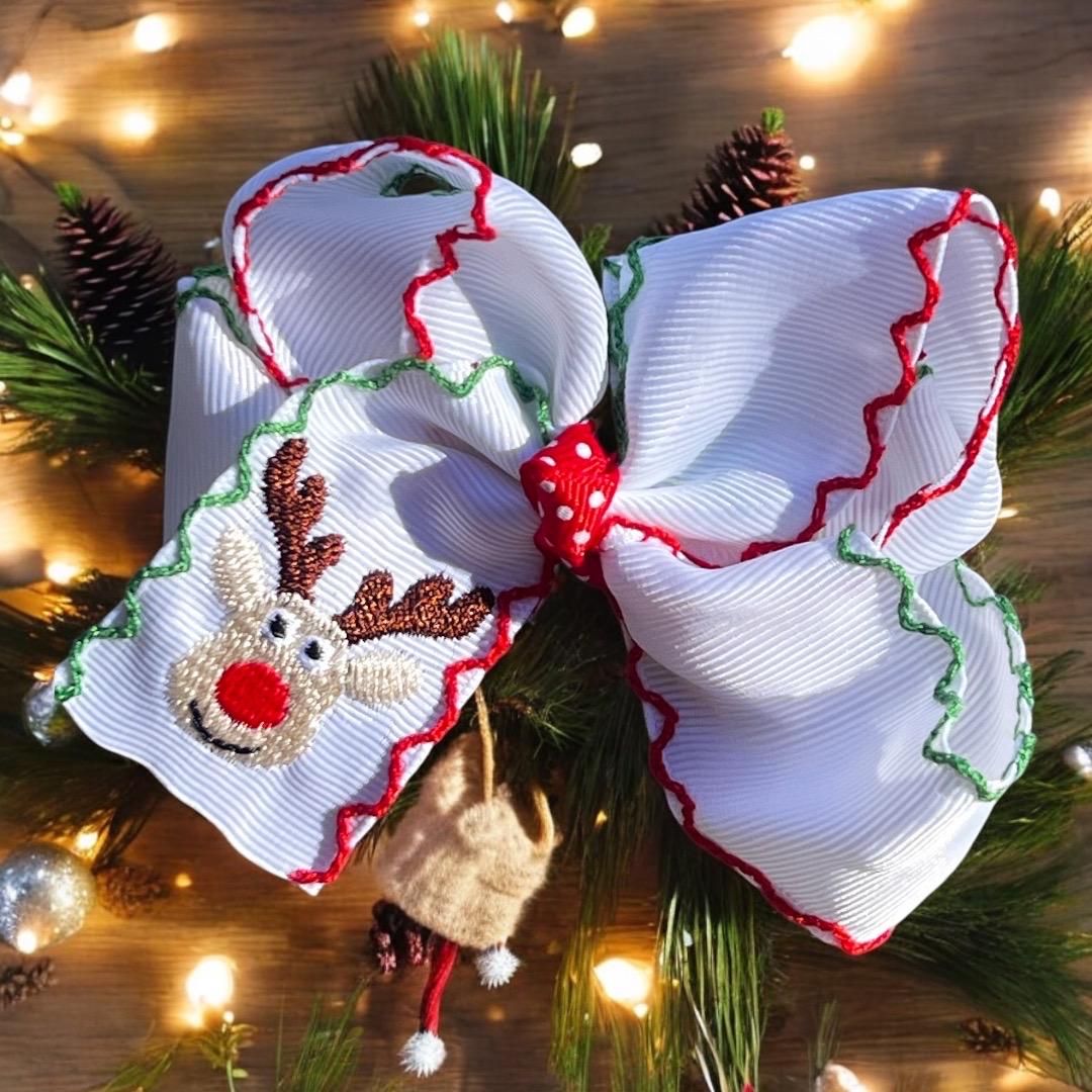 Christmas reindeer embroidered grosgrain trim hair bows