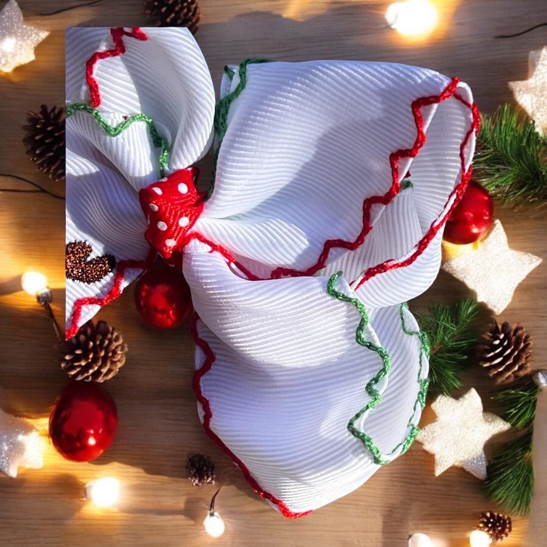 Christmas reindeer embroidered grosgrain trim hair bows, view 2