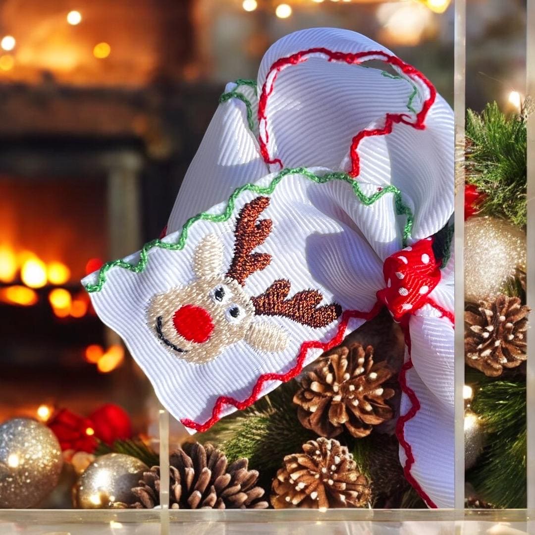 Christmas reindeer embroidered grosgrain trim hair bows, view 3