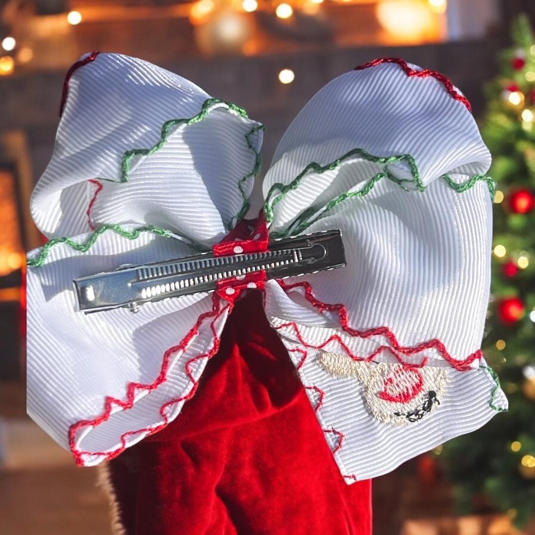 Christmas reindeer embroidered grosgrain trim hair bows, view 4