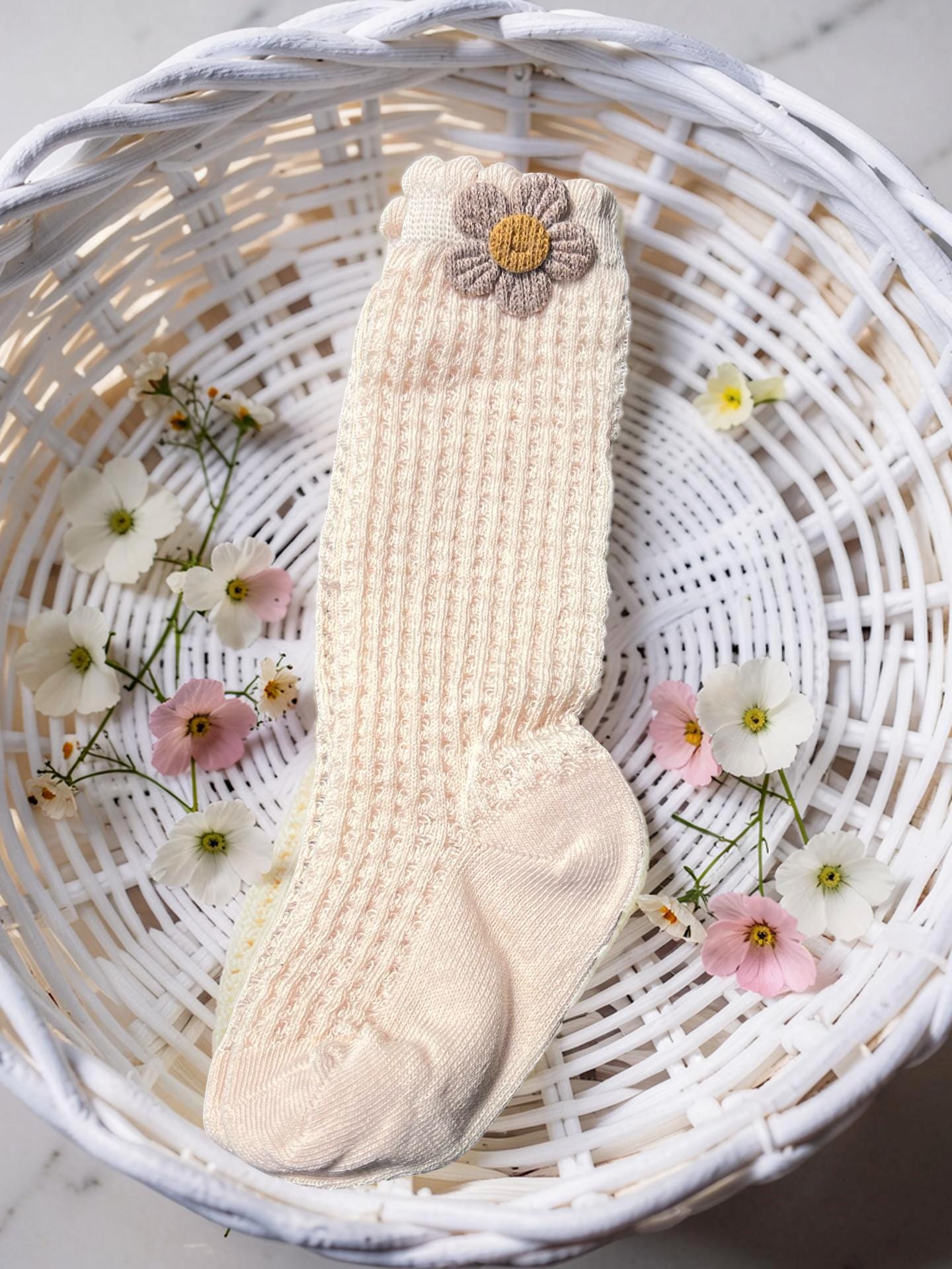 Cream Floral Applique Knee-High Socks for Kids