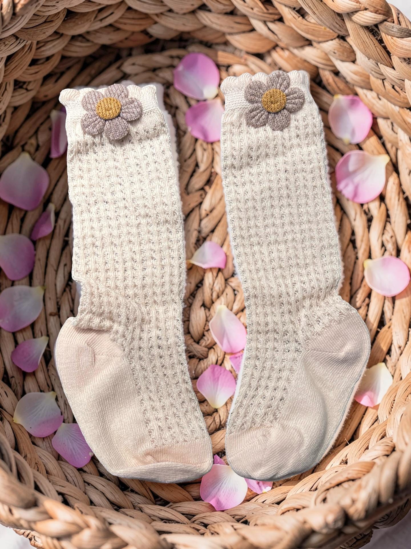 Cream Floral Applique Knee-High Socks for Kids, view 2