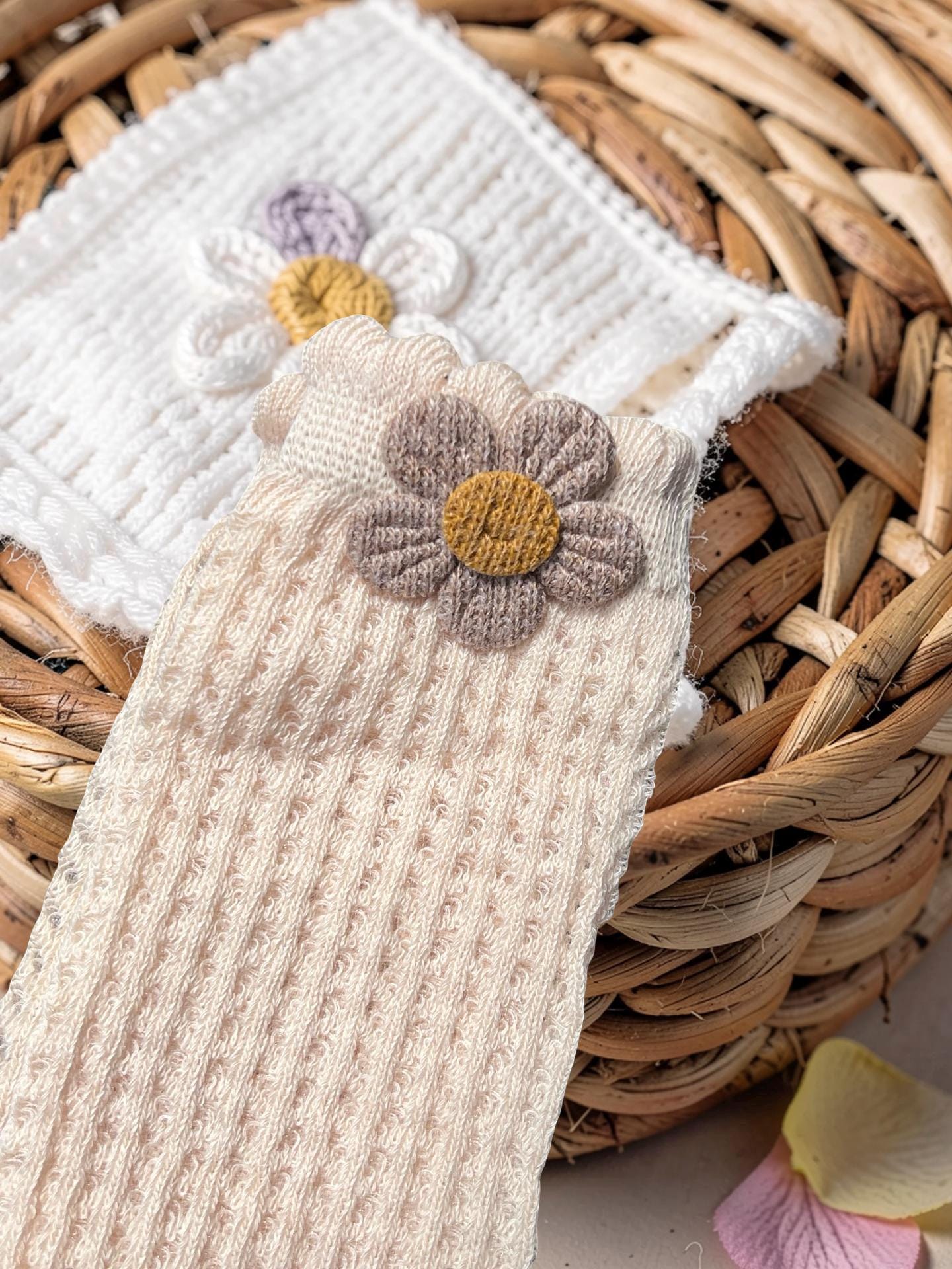 Cream Floral Applique Knee-High Socks for Kids, view 3