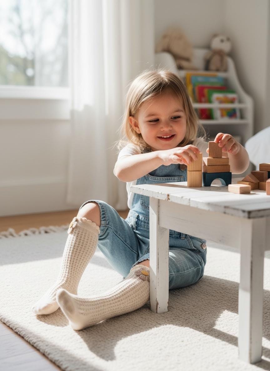 Cream Floral Applique Knee-High Socks for Kids, view 4