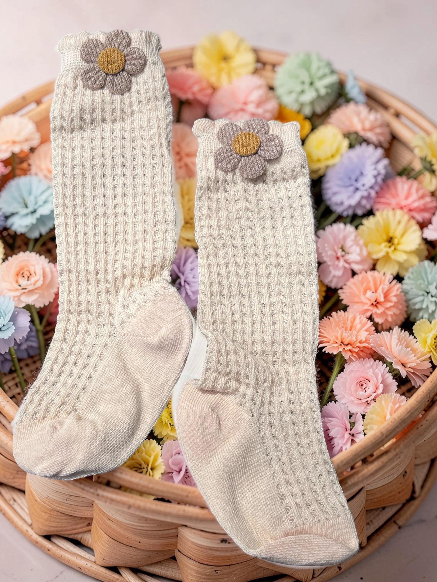 Cream Floral Applique Knee-High Socks for Kids, view 7