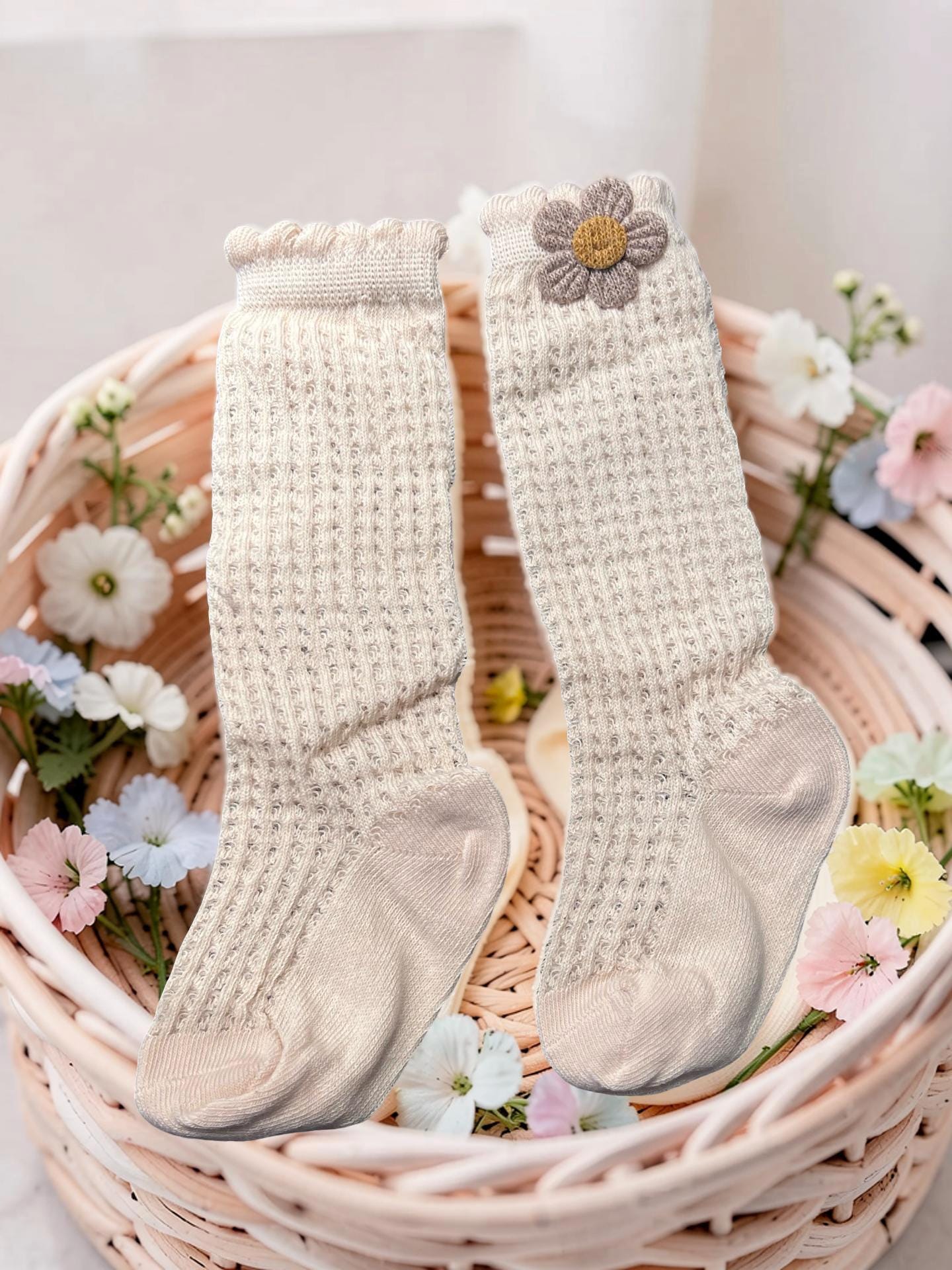 Cream Floral Applique Knee-High Socks for Kids, view 9