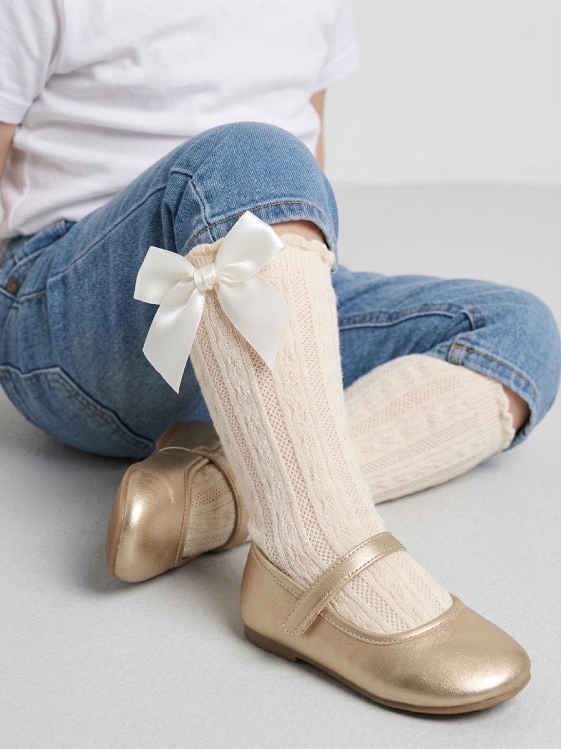 Cream Knit Toddler Socks with Satin Bows - Size 1-3 Years