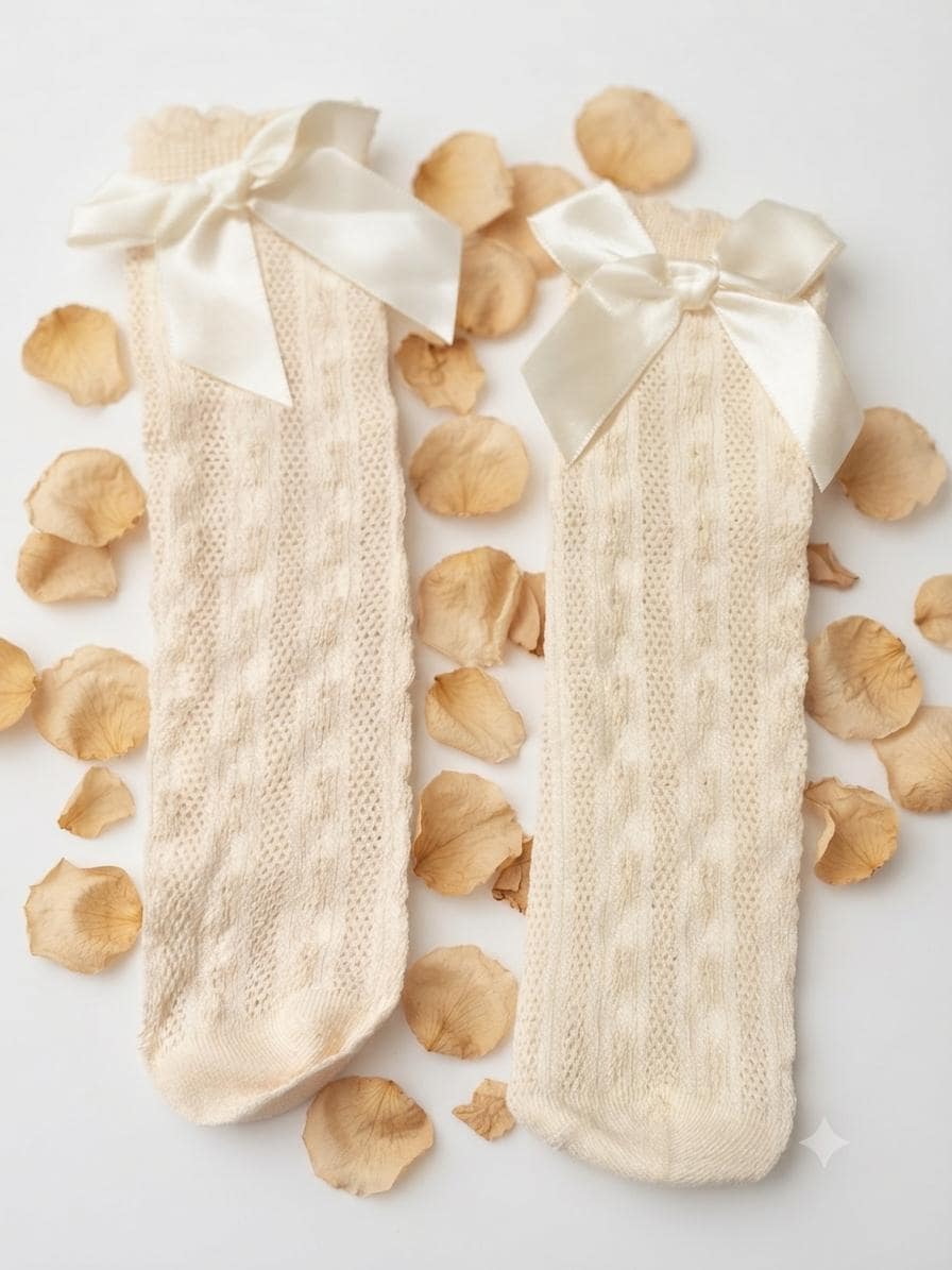 Cream Knit Toddler Socks with Satin Bows - Size 1-3 Years, view 2