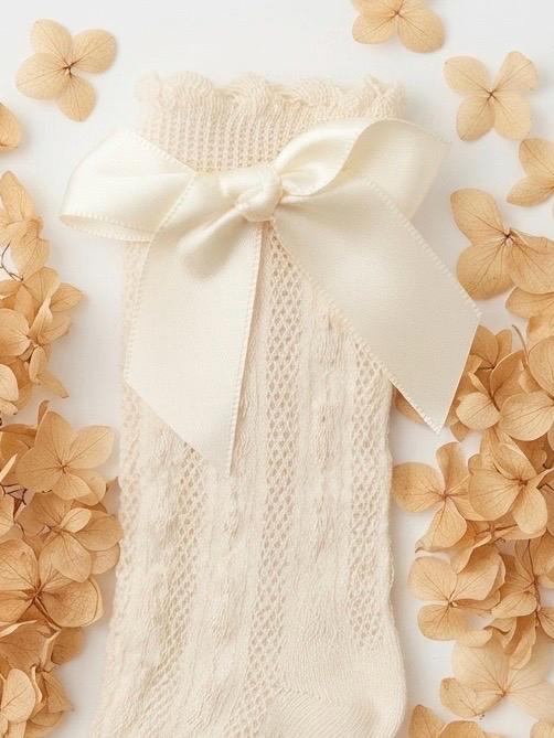 Cream Knit Toddler Socks with Satin Bows - Size 1-3 Years, view 3