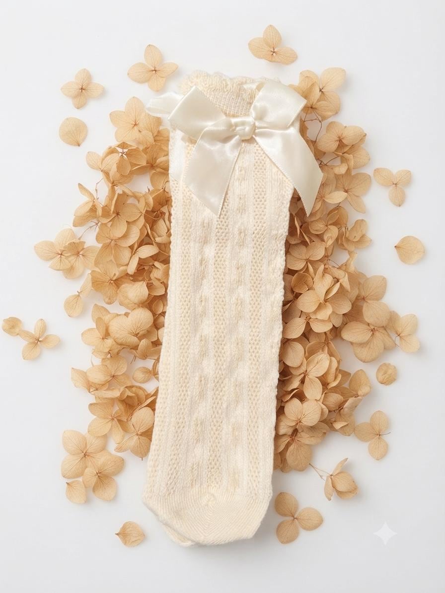 Cream Knit Toddler Socks with Satin Bows - Size 1-3 Years, view 4