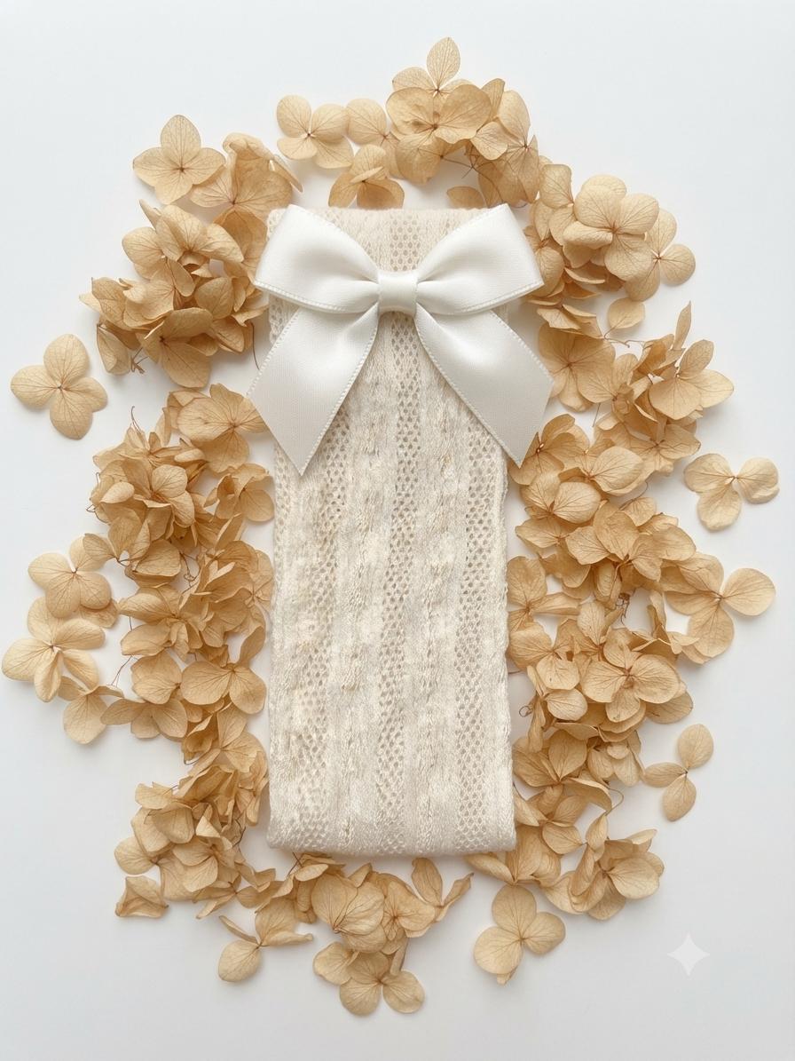 Cream Knit Toddler Socks with Satin Bows - Size 1-3 Years, view 7