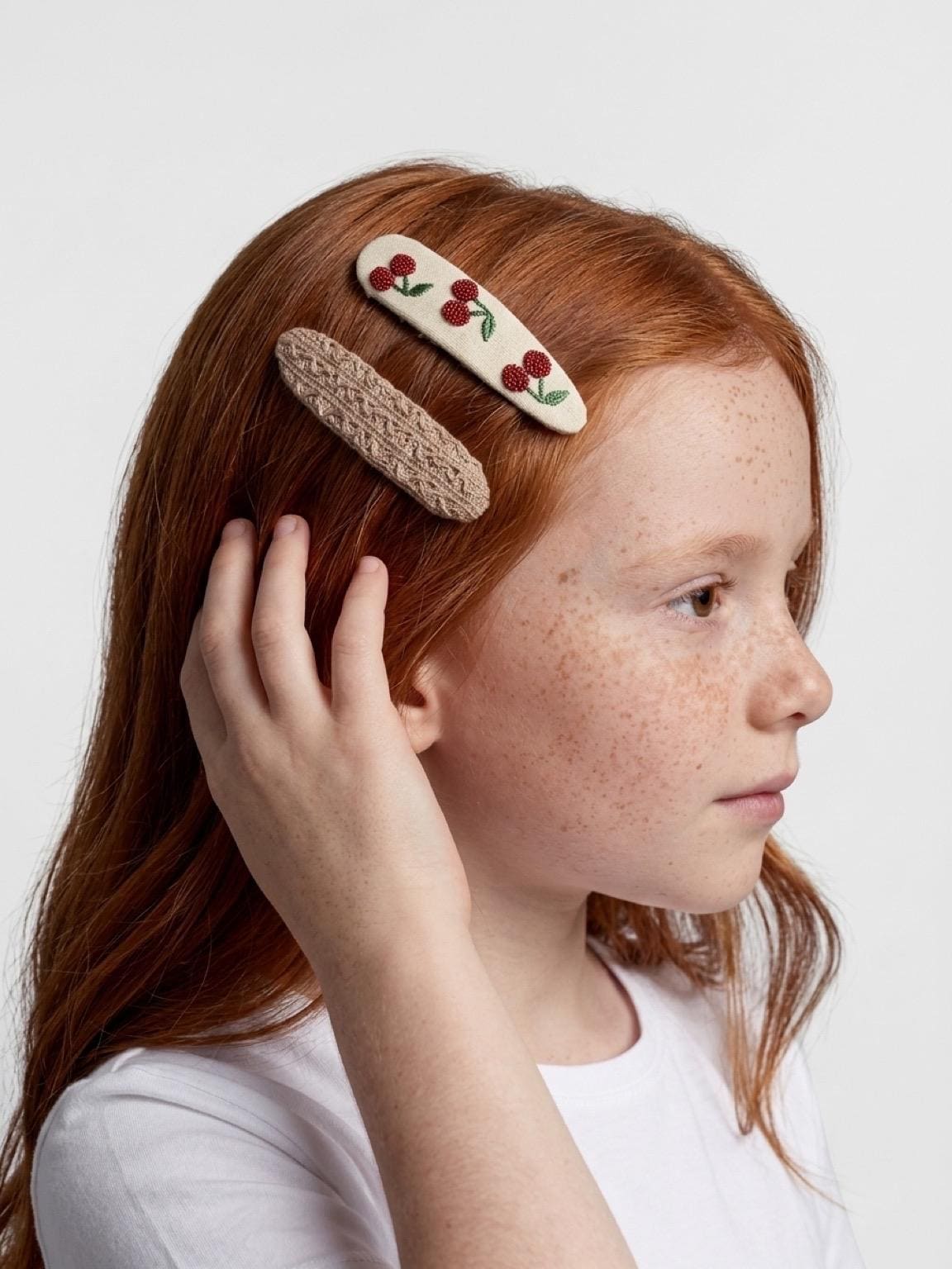 Embroidered Cherry Knit Fabric Hair Clips Set