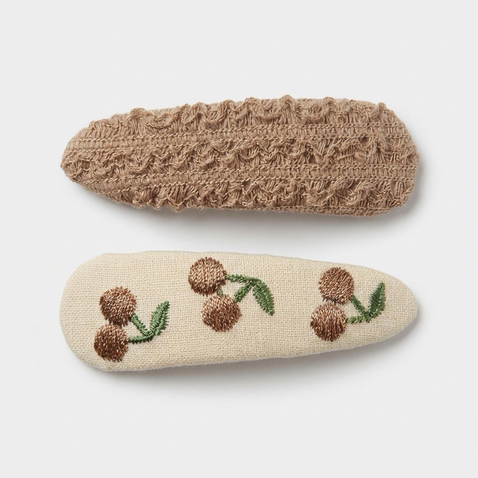 Embroidered Cherry Knit Fabric Hair Clips Set, view 2