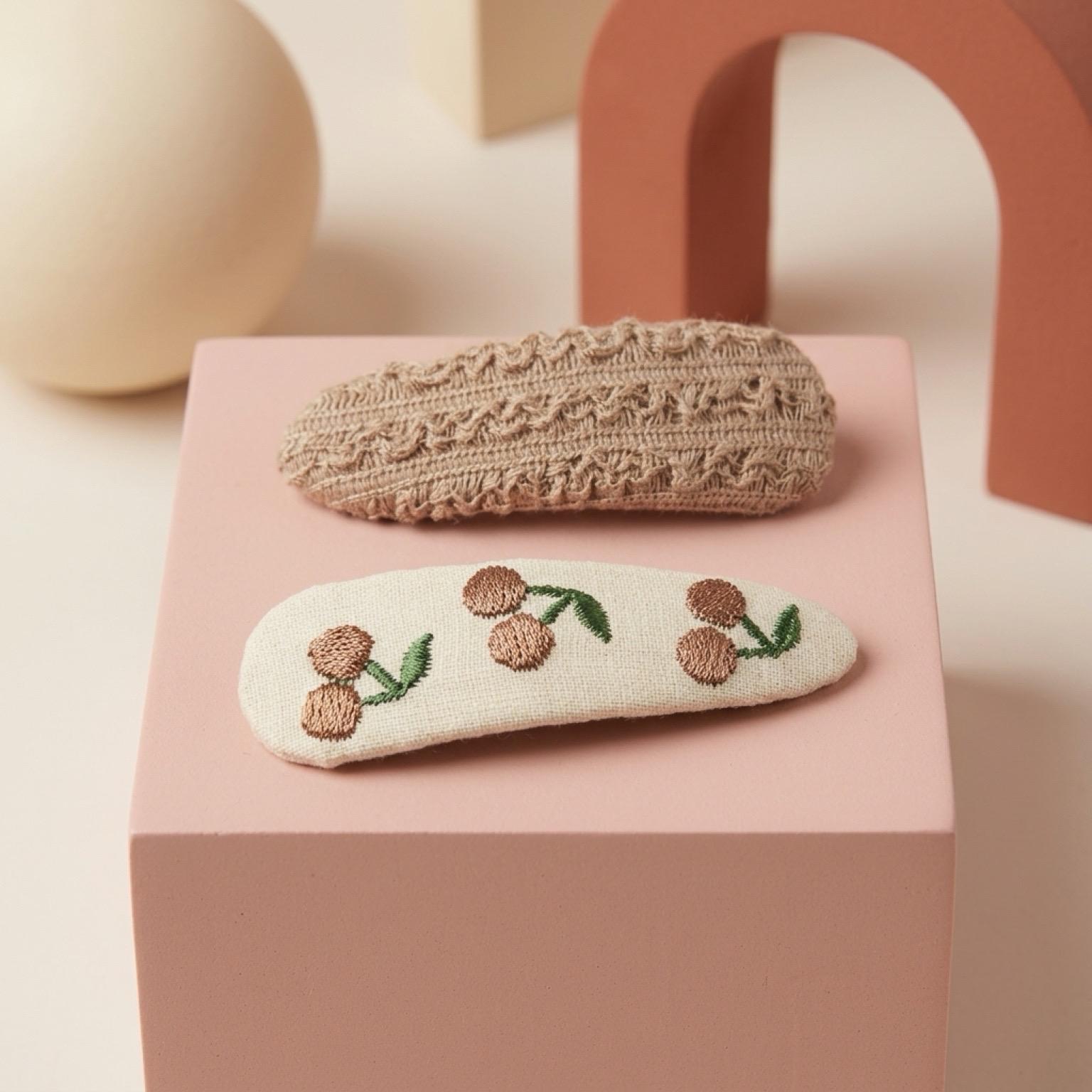 Embroidered Cherry Knit Fabric Hair Clips Set, view 7