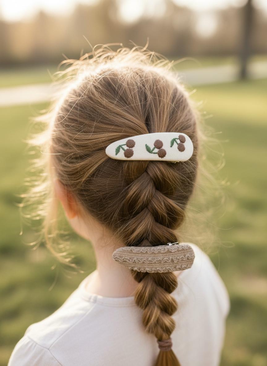 Embroidered Cherry Knit Fabric Hair Clips Set, view 8