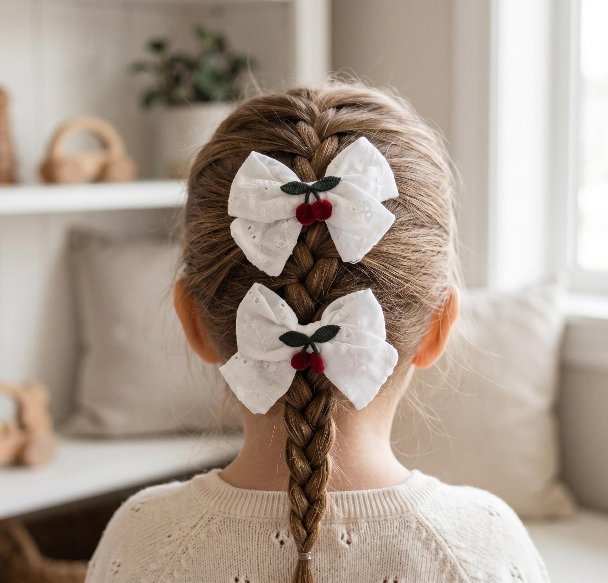 Embroidered Cherry white eyelet Toddler Hair Bows Clips Set of 2
