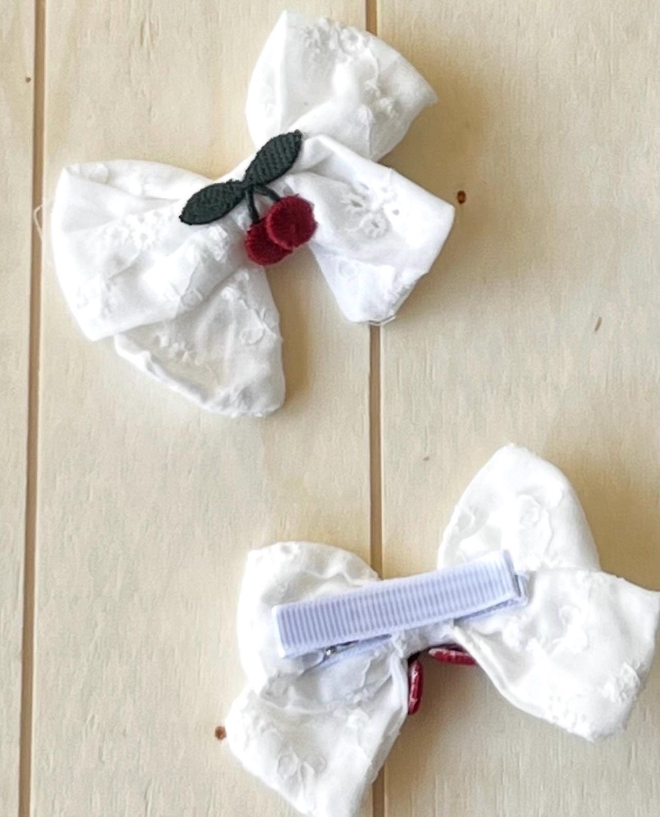 Embroidered Cherry white eyelet Toddler Hair Bows Clips Set of 2, view 11