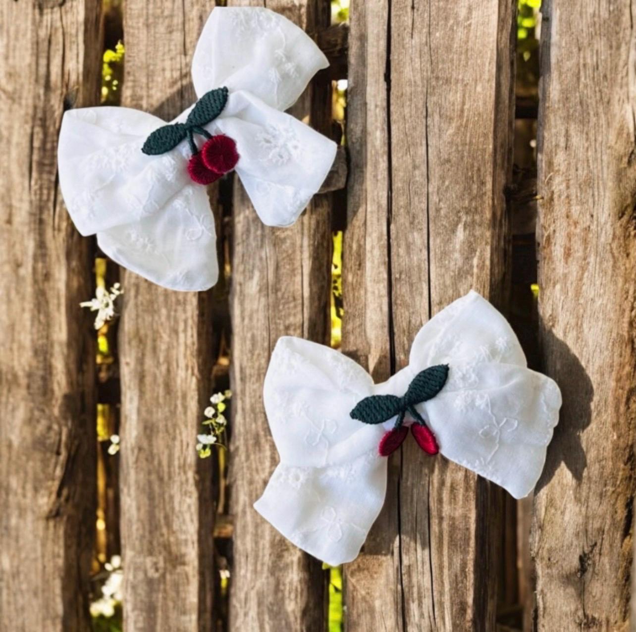Embroidered Cherry white eyelet Toddler Hair Bows Clips Set of 2, view 2