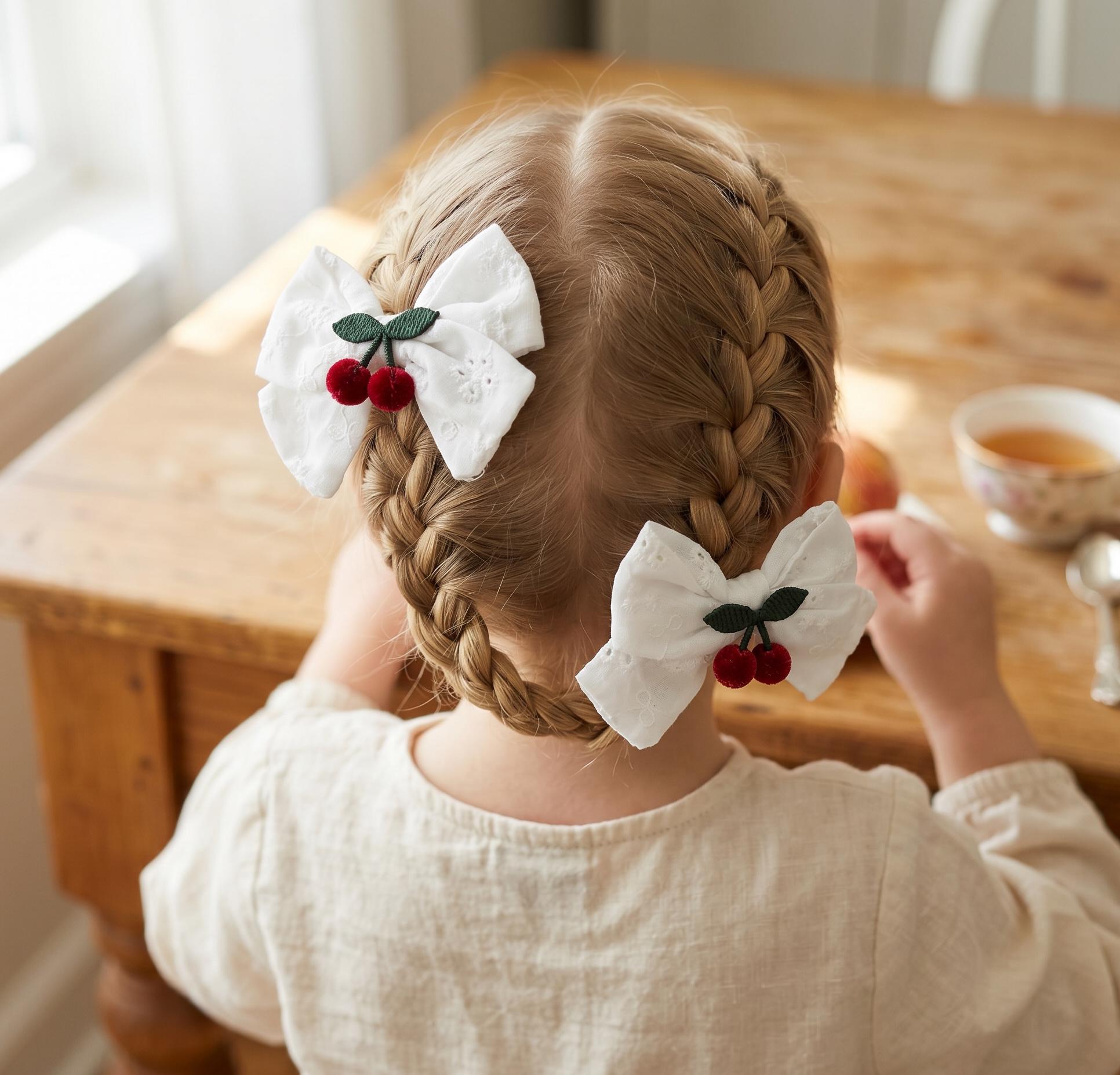 Embroidered Cherry white eyelet Toddler Hair Bows Clips Set of 2, view 3