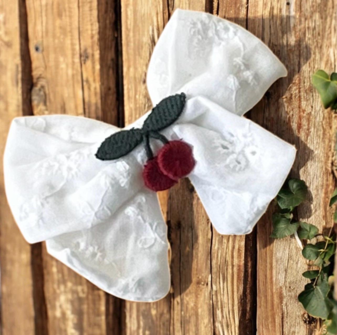 Embroidered Cherry white eyelet Toddler Hair Bows Clips Set of 2, view 4