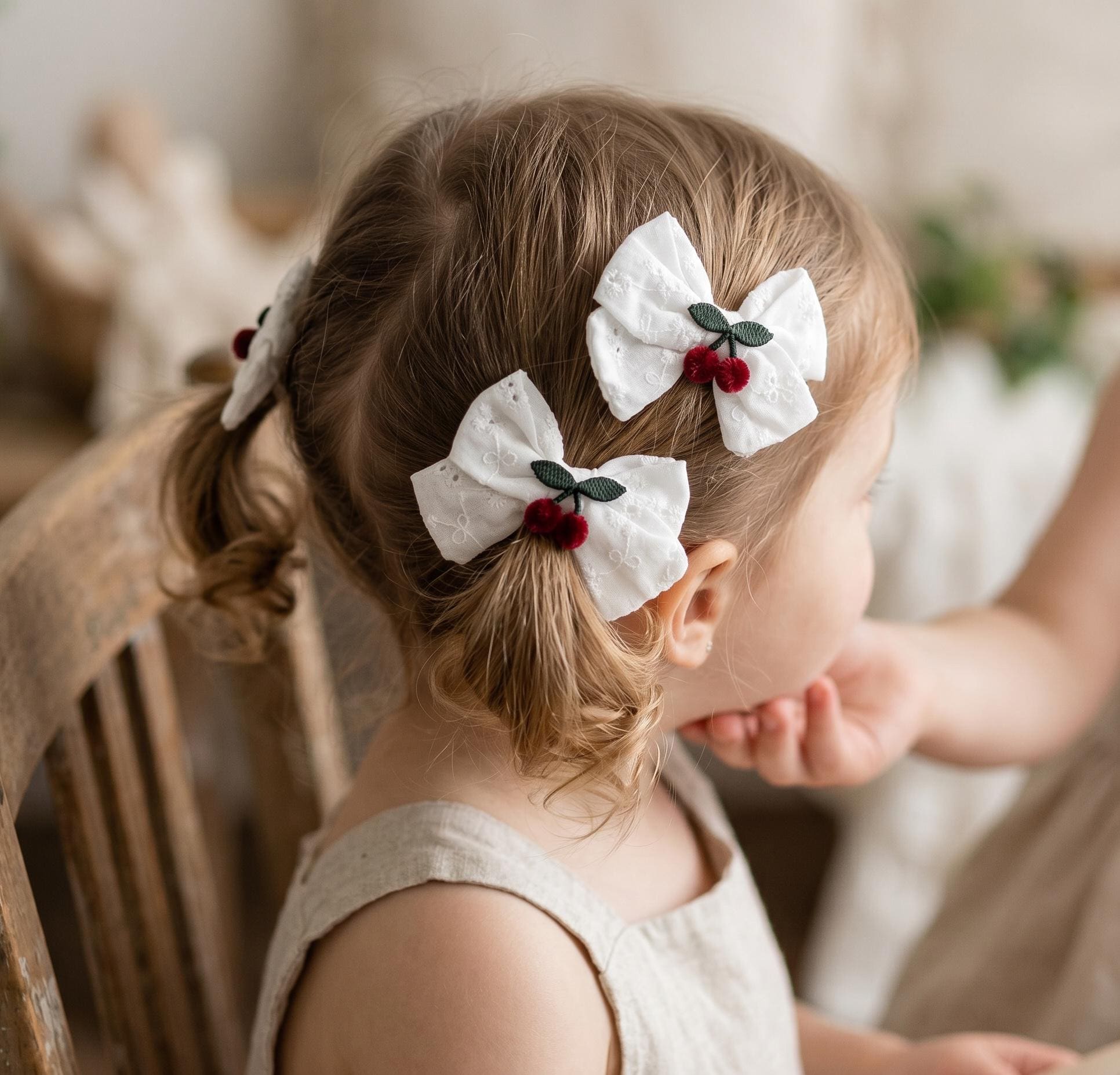 Embroidered Cherry white eyelet Toddler Hair Bows Clips Set of 2, view 5