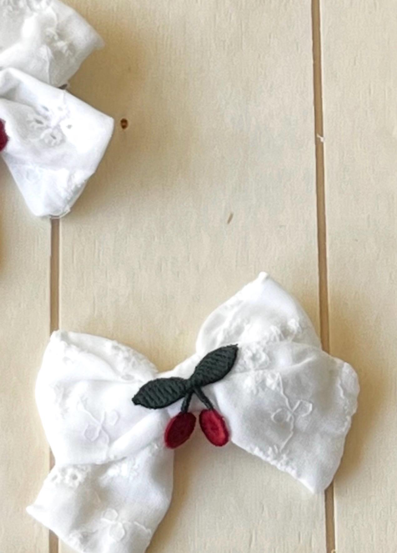 Embroidered Cherry white eyelet Toddler Hair Bows Clips Set of 2, view 6
