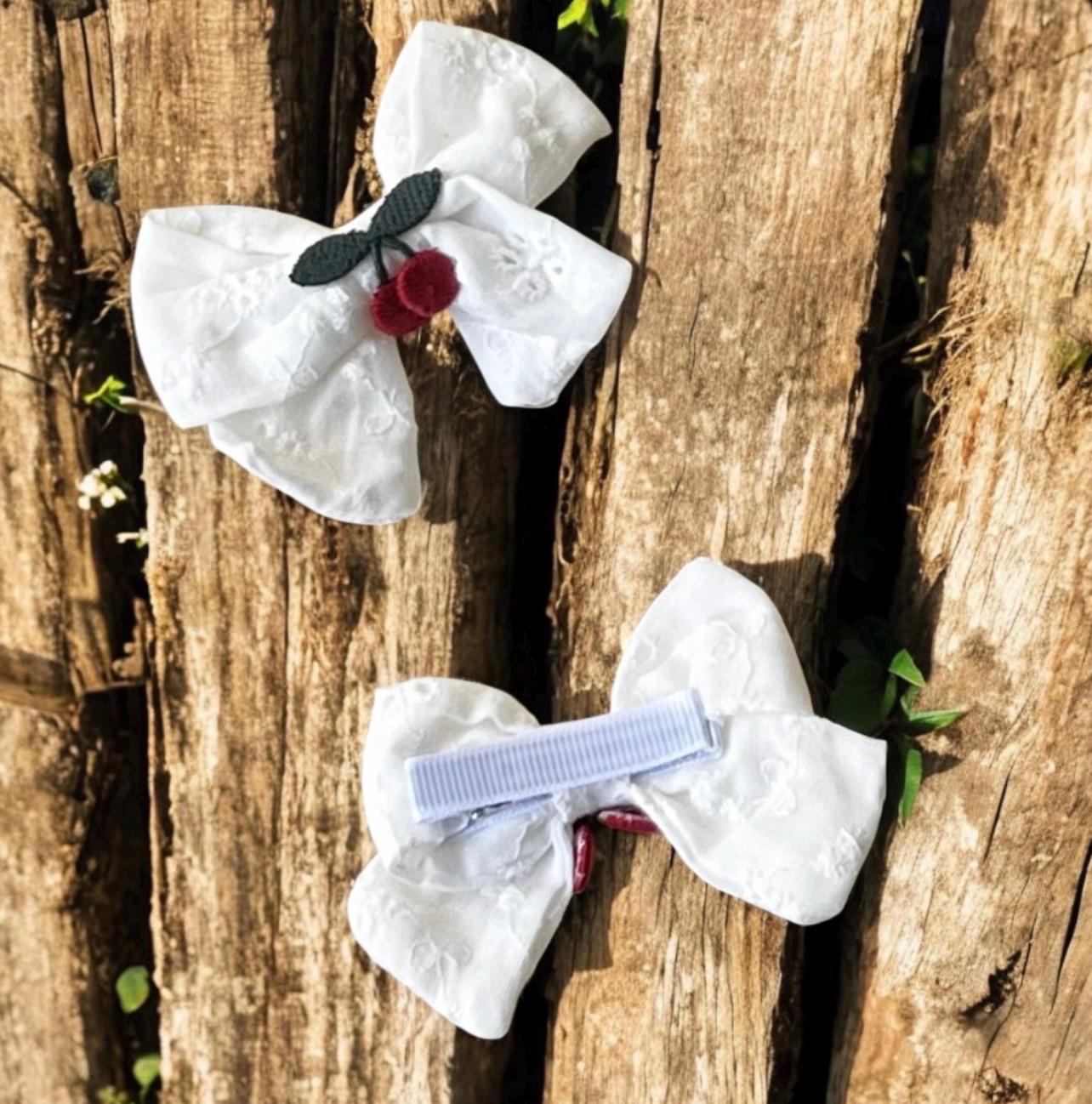 Embroidered Cherry white eyelet Toddler Hair Bows Clips Set of 2, view 8