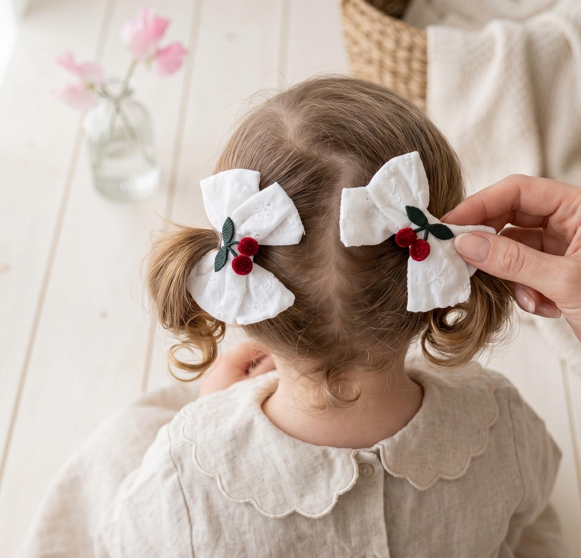 Embroidered Cherry white eyelet Toddler Hair Bows Clips Set of 2, view 9