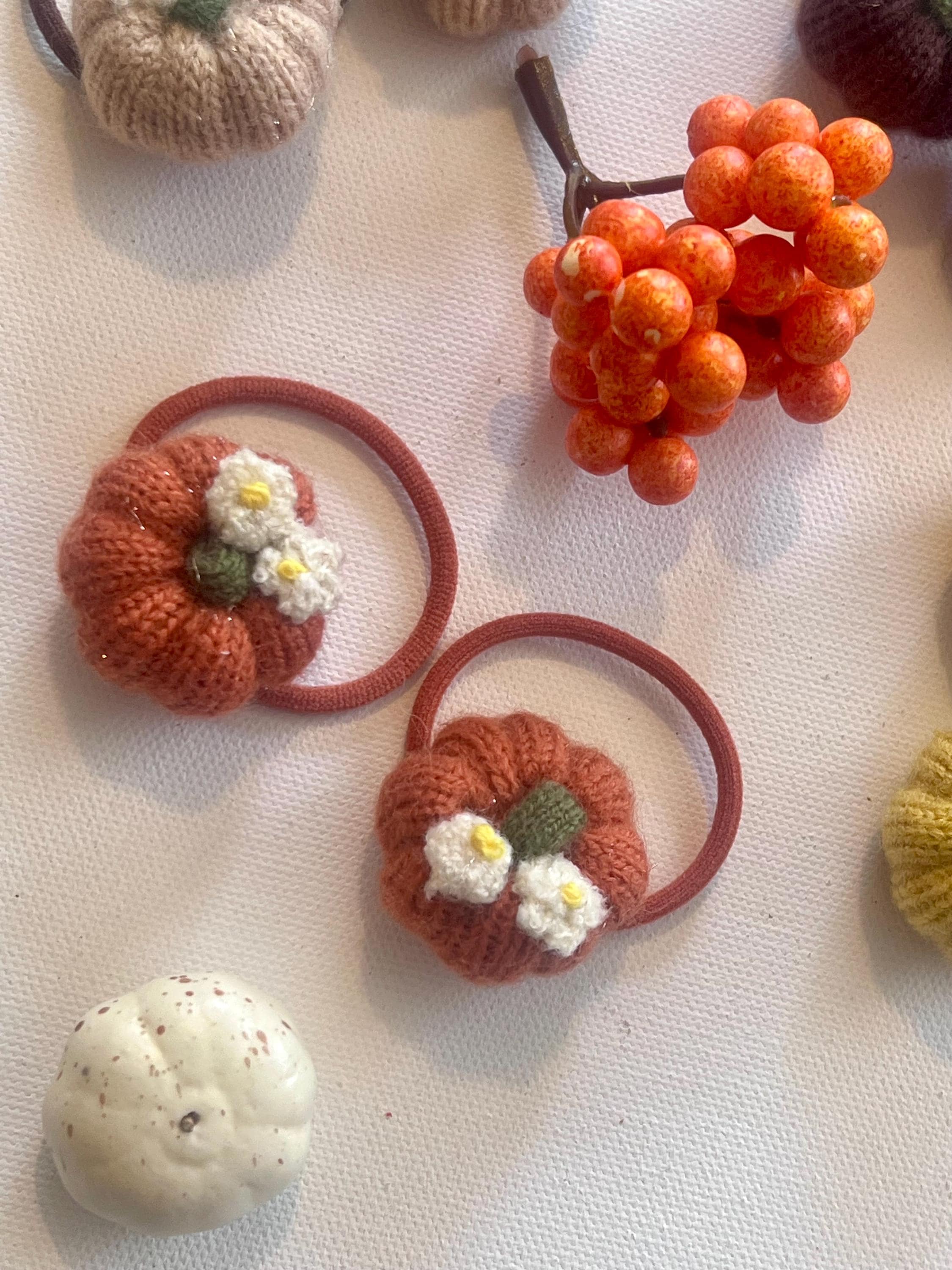Fall pumpkin knit hair ties for girls, view 7