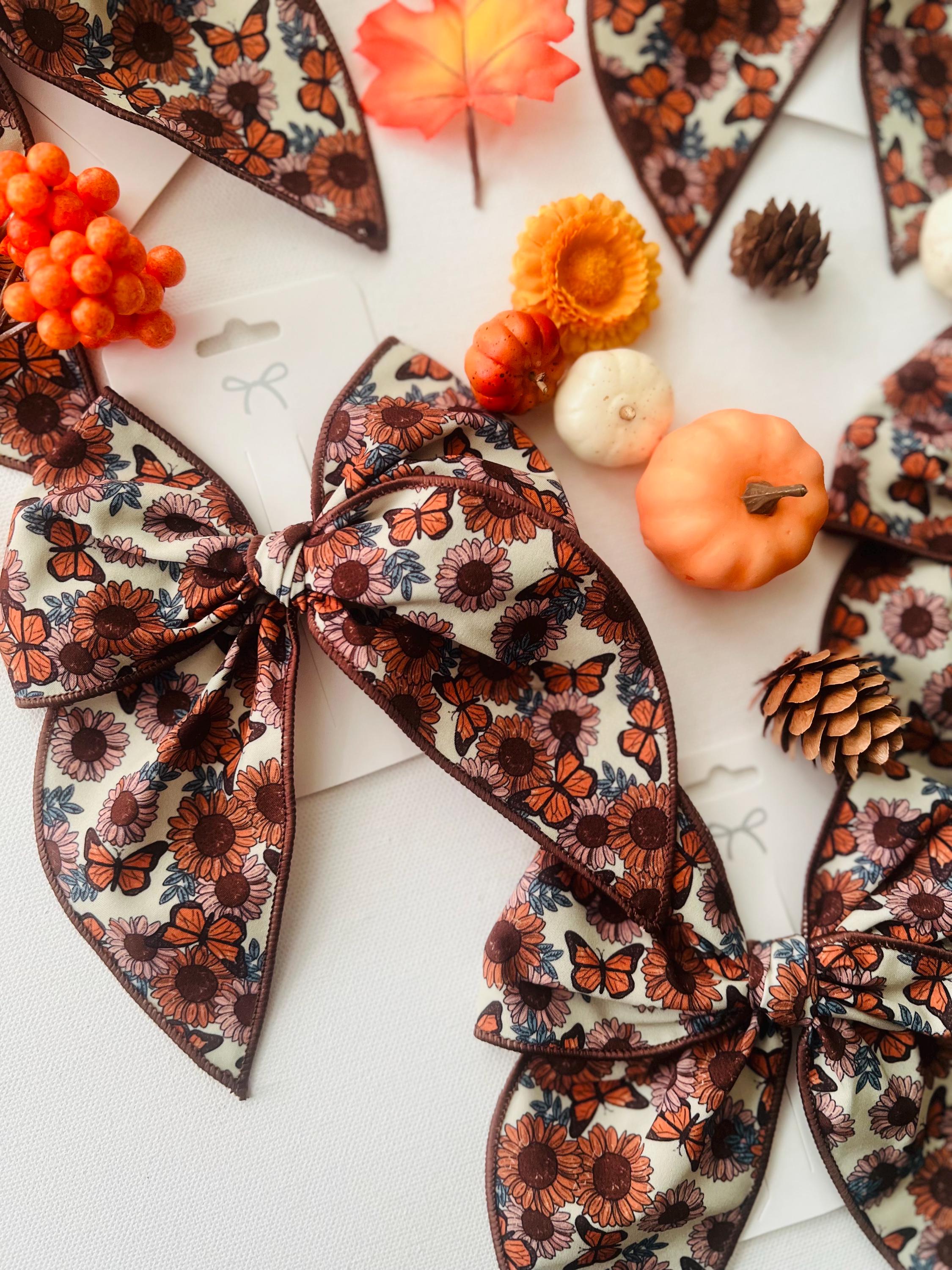 Fall sunflower & butterfly boho hair bow for kids, view 2