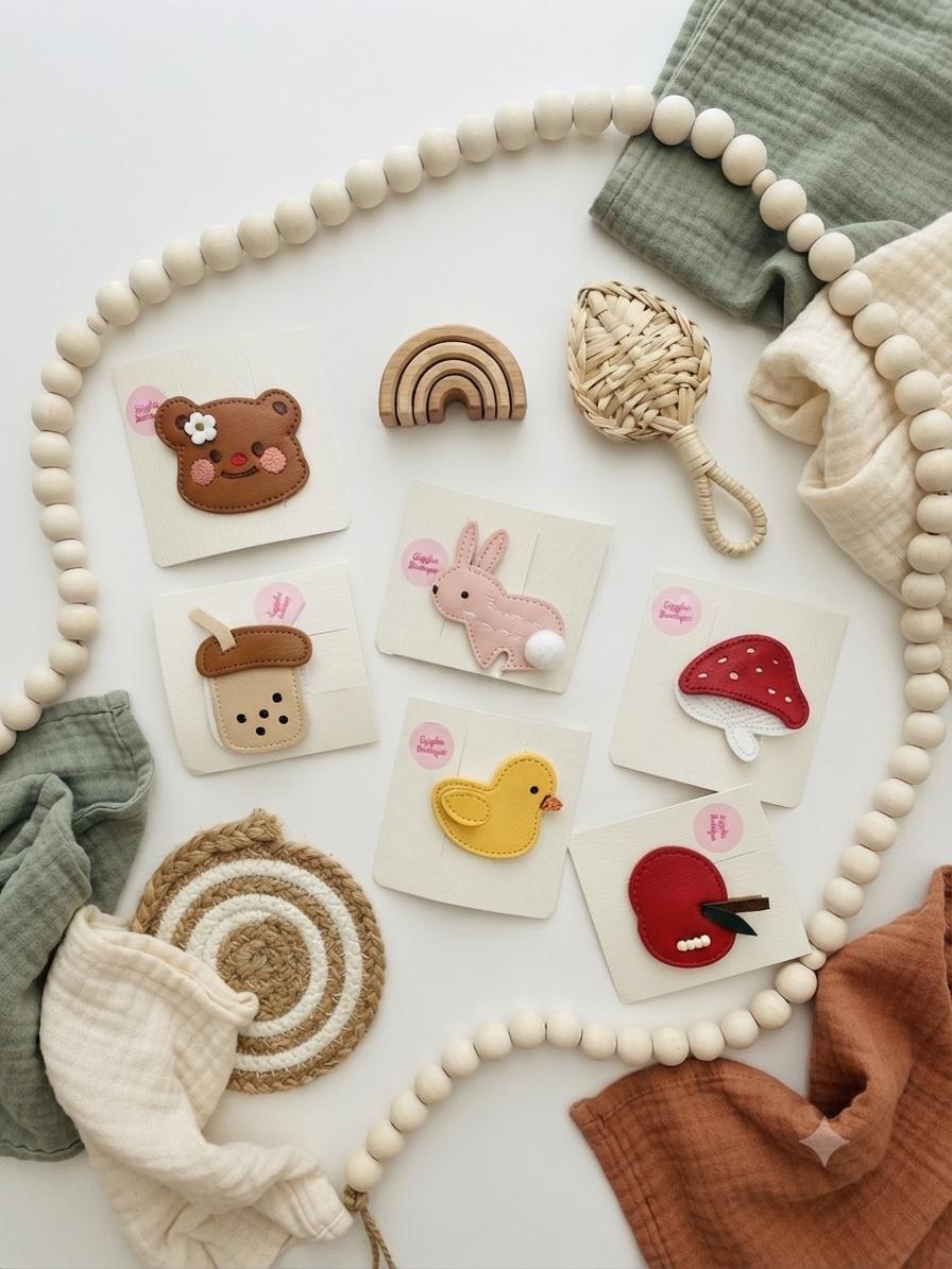 Faux Leather Character Hair Clips – Embroidered Bear, Bunny, Duck, Mushroom, Apple, Boba Designs