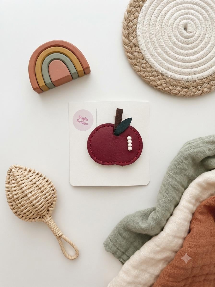 Faux Leather Character Hair Clips – Embroidered Bear, Bunny, Duck, Mushroom, Apple, Boba Designs, view 10