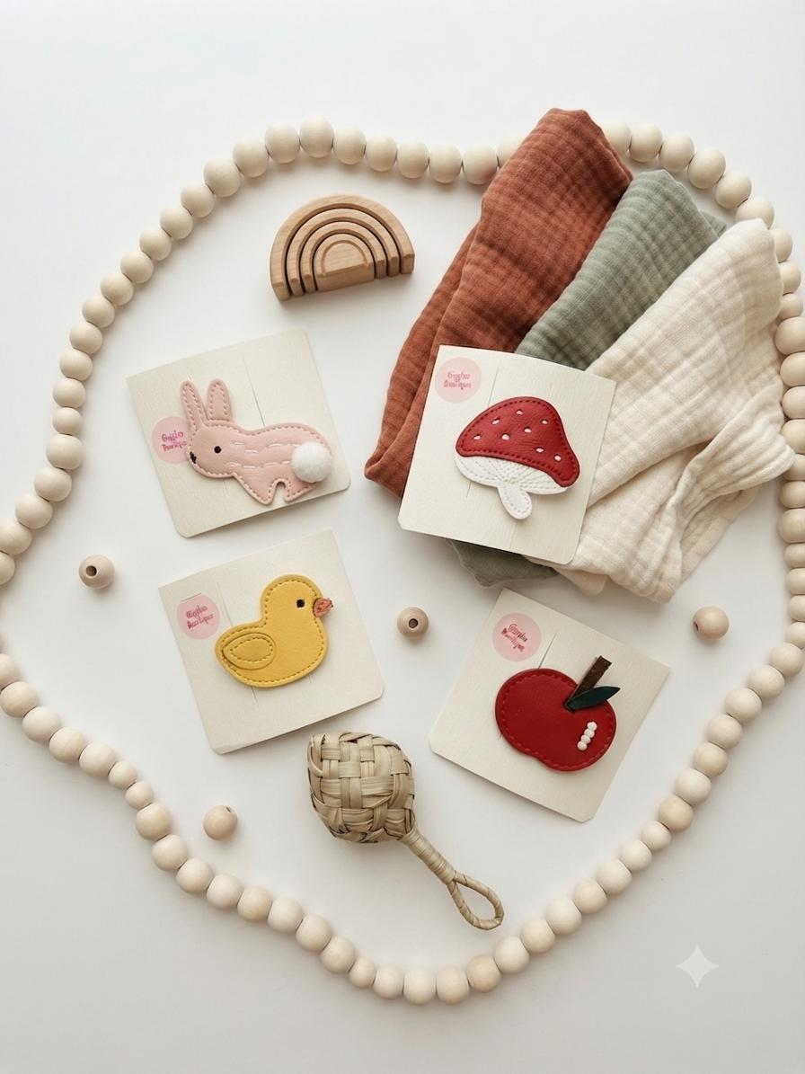 Faux Leather Character Hair Clips – Embroidered Bear, Bunny, Duck, Mushroom, Apple, Boba Designs, view 3