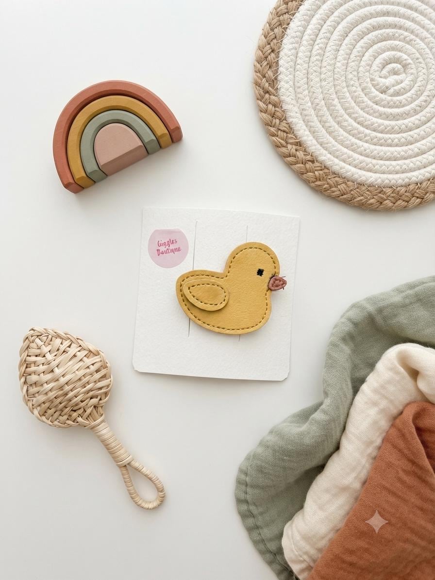 Faux Leather Character Hair Clips – Embroidered Bear, Bunny, Duck, Mushroom, Apple, Boba Designs, view 4