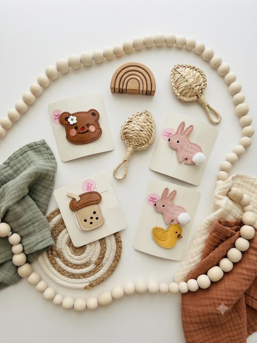 Faux Leather Character Hair Clips – Embroidered Bear, Bunny, Duck, Mushroom, Apple, Boba Designs, view 5