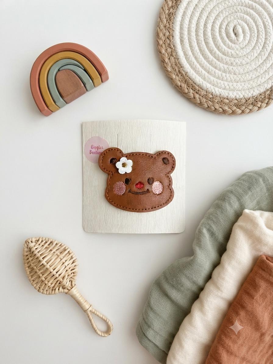 Faux Leather Character Hair Clips – Embroidered Bear, Bunny, Duck, Mushroom, Apple, Boba Designs, view 6