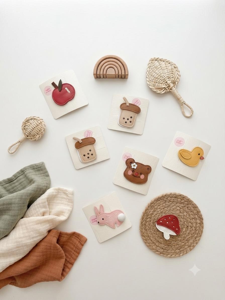 Faux Leather Character Hair Clips – Embroidered Bear, Bunny, Duck, Mushroom, Apple, Boba Designs, view 7