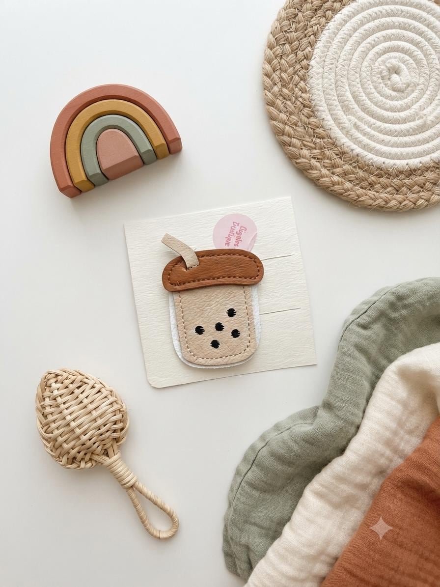 Faux Leather Character Hair Clips – Embroidered Bear, Bunny, Duck, Mushroom, Apple, Boba Designs, view 9