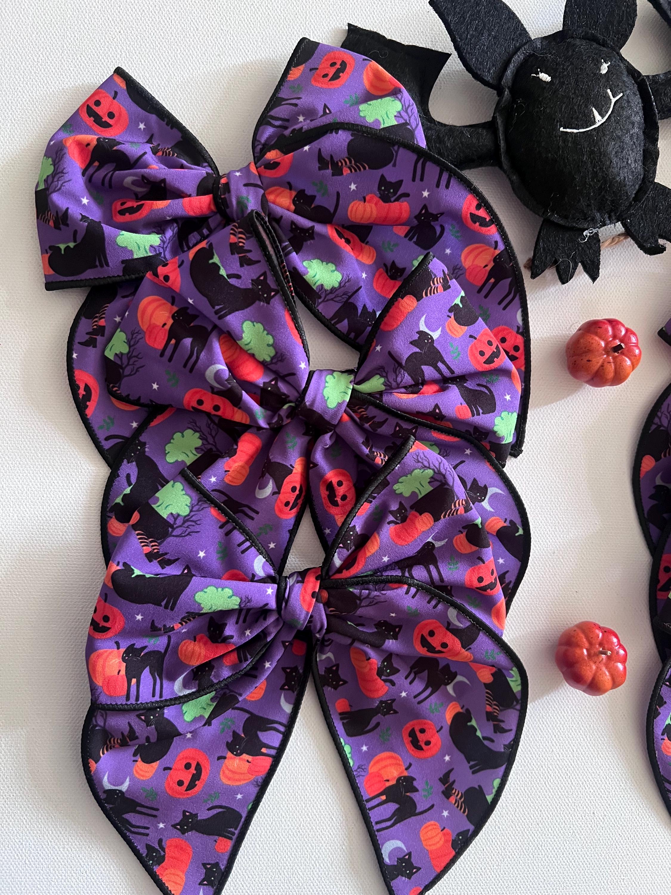 Halloween purple black cat & pumpkin 5.5β hair bow, view 10