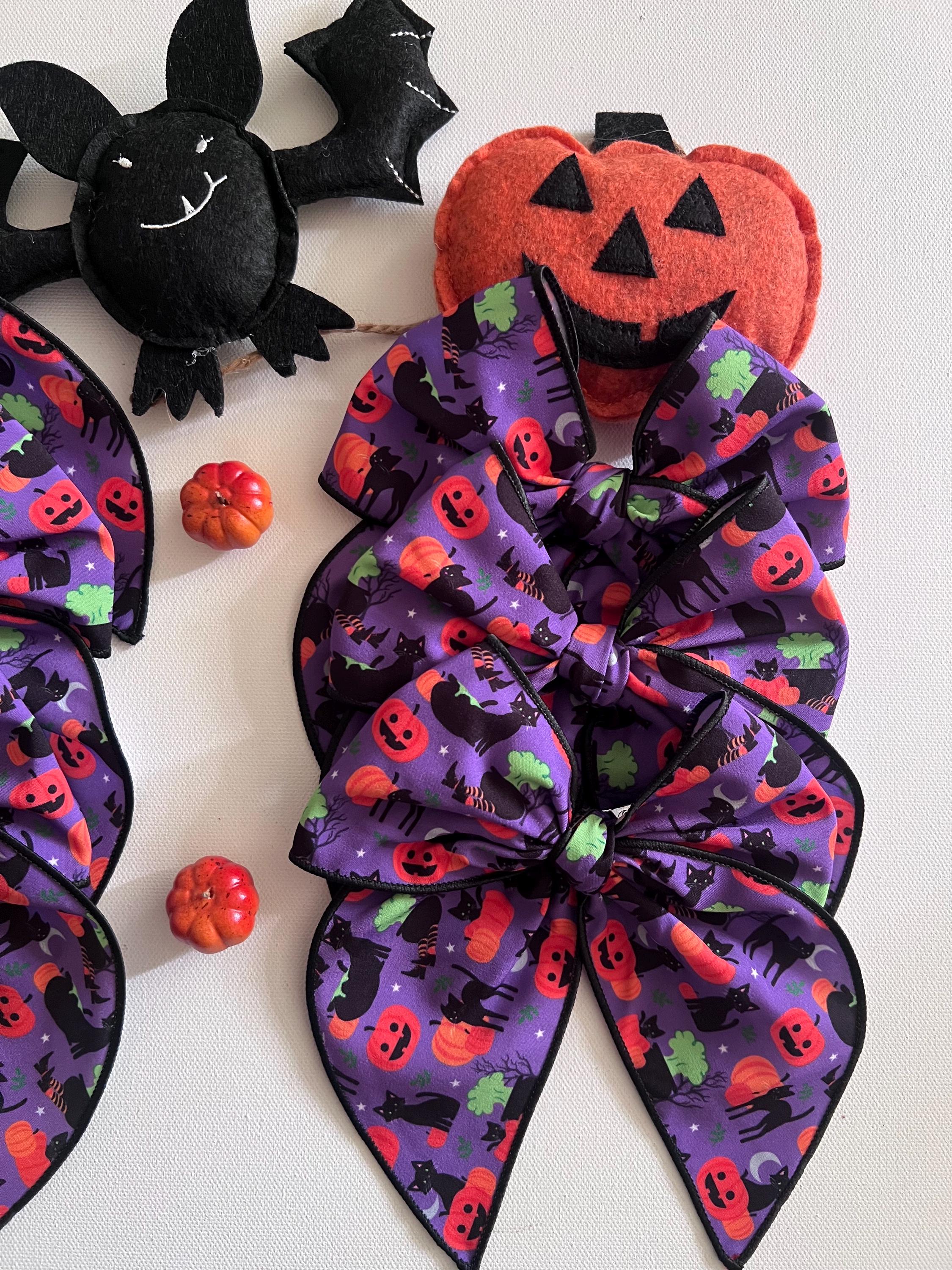 Halloween purple black cat & pumpkin 5.5β hair bow, view 2